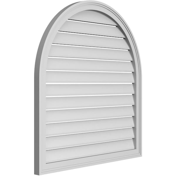 Round Top Surface Mount PVC Gable Vent: Functional, W/ 2W X 1-1/2P Brickmould Frame, 34W X 36H